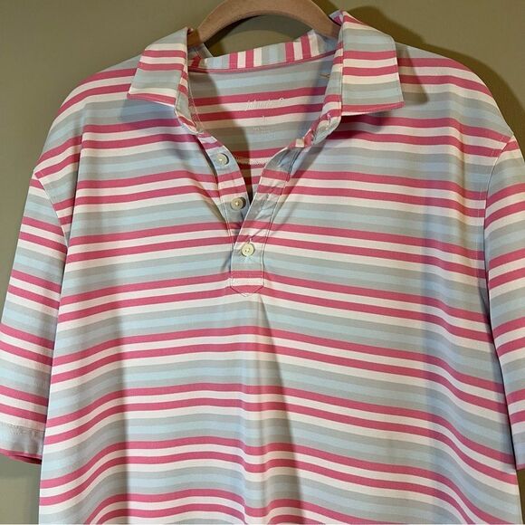 ✨ Johnnie-O Pink Blue Striped Short Sleeve Polo Men’s Large Golf - Picture 2 of 11